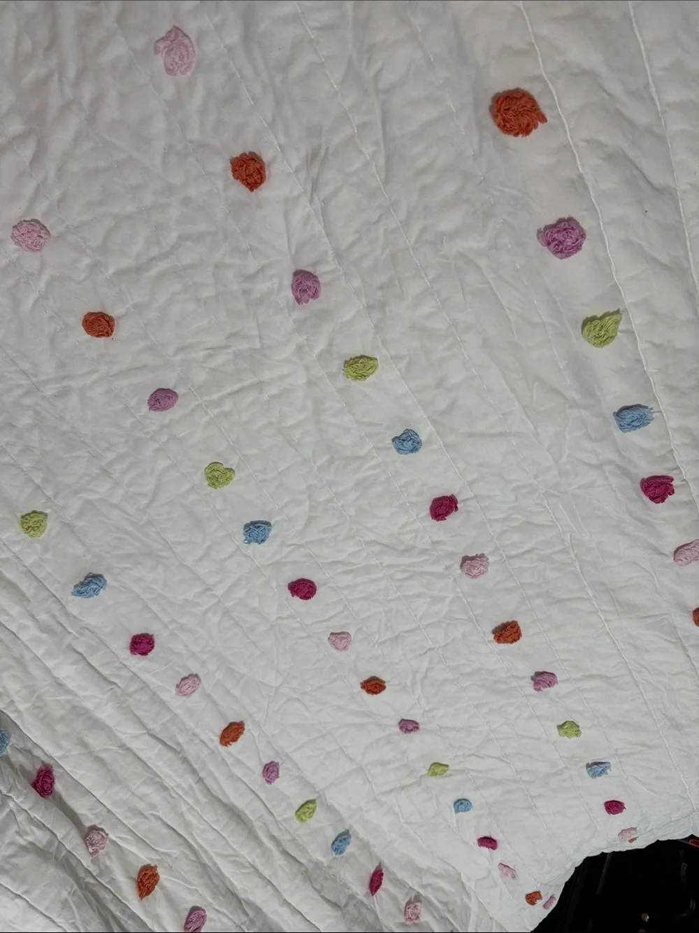 Pottery Barn Kids White Quilted Throw with Multicolor Dot Embroidery